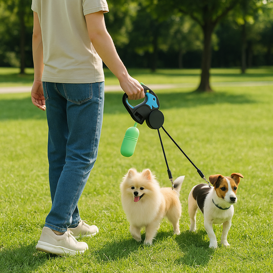 Pack Doble Paseo Premium – Correa Retráctil + Pack 4 Bolsas BIO